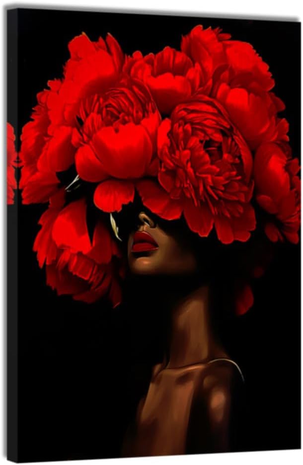 DOARTDO African American Wall Art Woman with Flowers on Head Painting Black and Red Pictures Black Women Portrait Canvas Prints Bedroom Home Decor Framed (Red, (28.00' x 42.00')