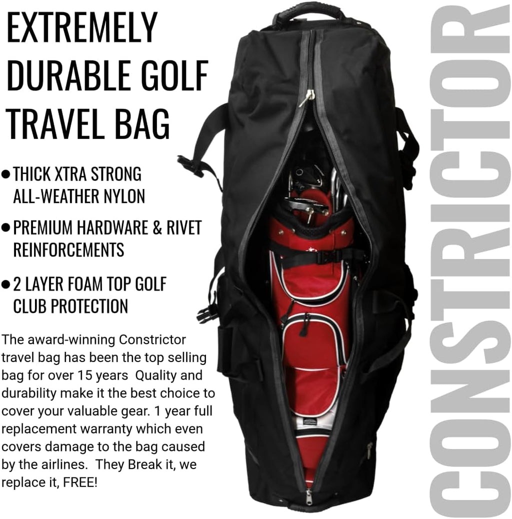 CaddyDaddy Constrictor Soft-Sided Golf Travel Bag Cover with Thick Dense Foam Padded Top 1 Year Full Travel Bag Replacement Coverage | Wheels & Lockable Zippers Case for Transporting Clubs on Airlines
