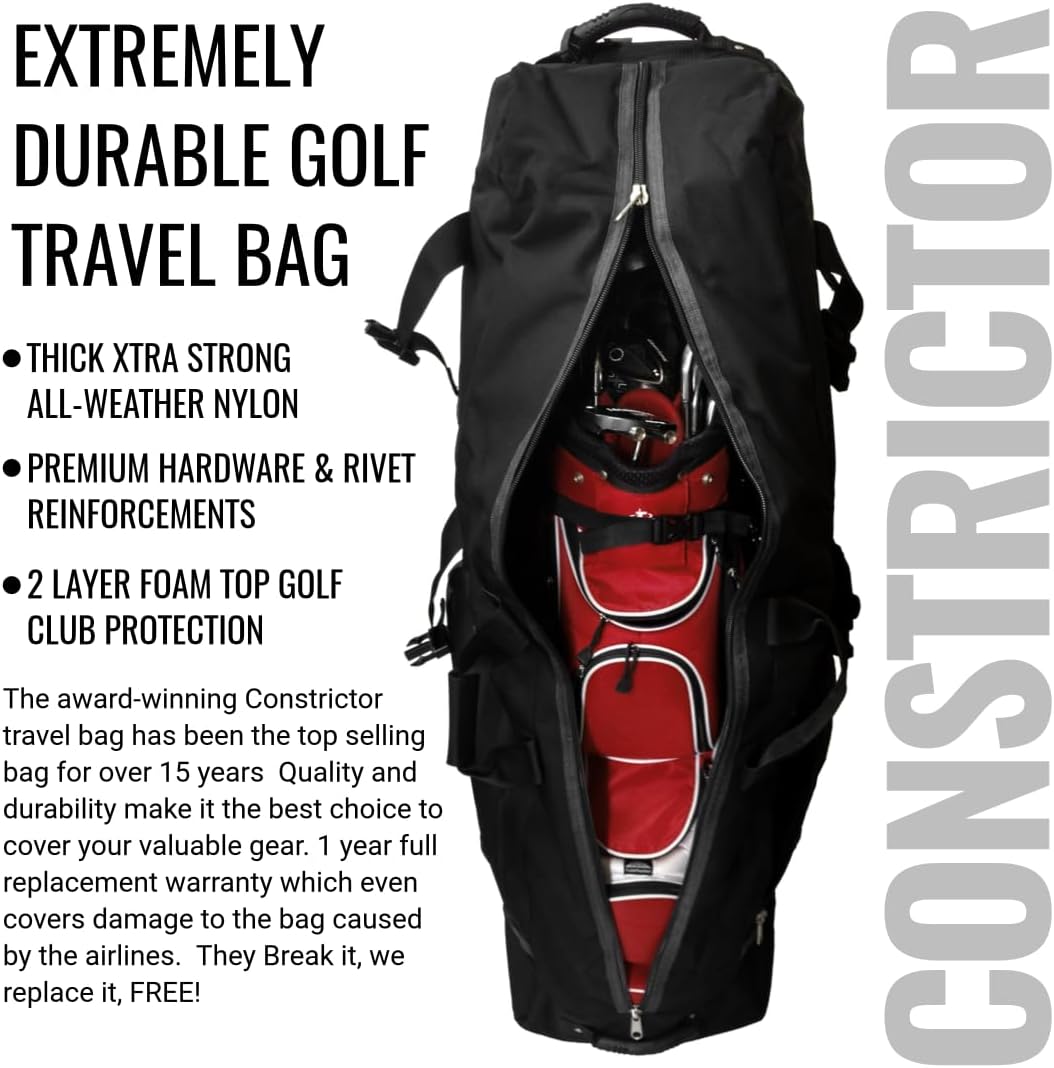 CaddyDaddy Constrictor Soft-Sided Golf Travel Bag Cover with Thick Dense Foam Padded Top 1 Year Full Travel Bag Replacement Coverage | Wheels & Lockable Zippers Case for Transporting Clubs on Airlines