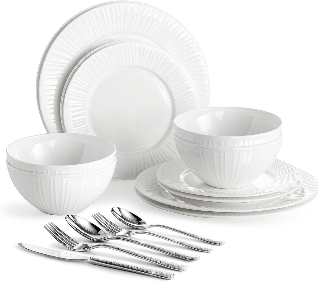 KINGSTONE 12-Piece Bone China Dinnerware Set with 20-Piece flatware, White Lightweight Porcelain Service for 4, for Family Dining, Restaurants, Gifting，Microwave and Dishwasher Safe