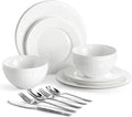 KINGSTONE 12-Piece Bone China Dinnerware Set with 20-Piece flatware, White Lightweight Porcelain Service for 4, for Family Dining, Restaurants, Gifting，Microwave and Dishwasher Safe