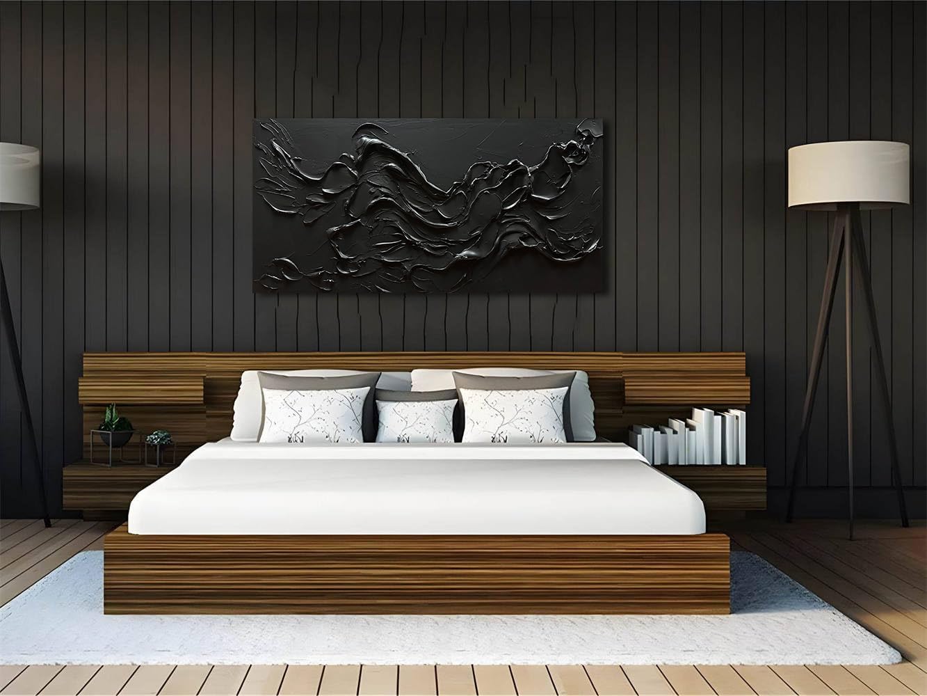 zoinart 100% Hand Painted Thick Texture Black Wall Art Minimalist Oil Painting Contemporary Art 24x48 Inches Oil on Canvas Black Texturd Wall Art Home Decoration
