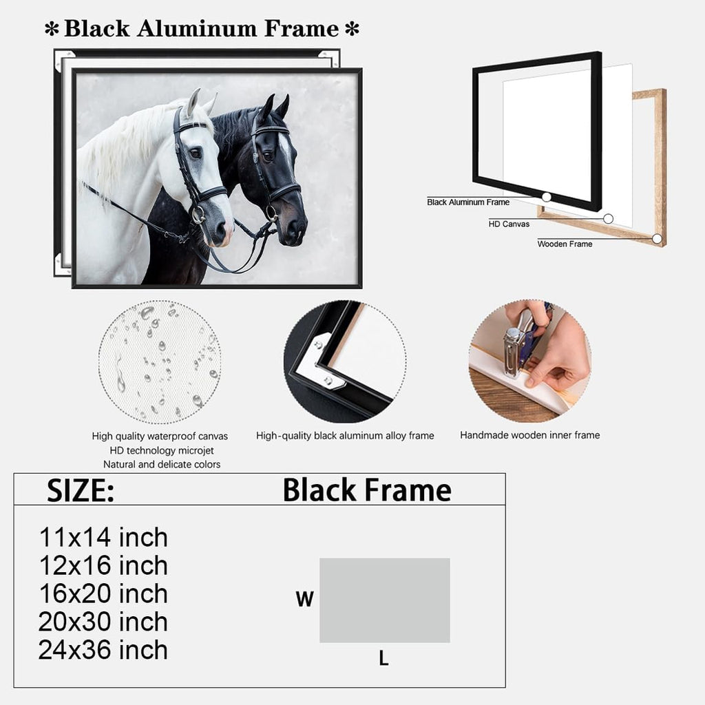 Elegant Horse Pair Canvas Wall Art Black and White Equestrian Portrait Oil Painting for Country Bedroom Living Room Office or Farmhouse Decor 24x36in Large Black aluminum frame
