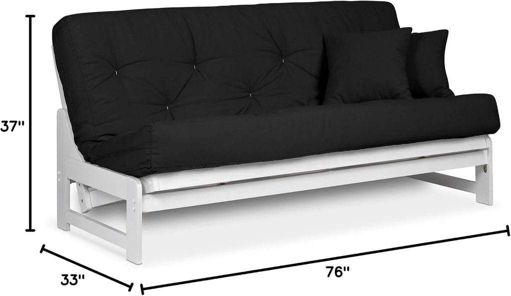 Nirvana Futons Arden White Futon Set Full or Queen Size - Armless Wood Futon Frame with Mattress Included (Twill Black), Space Saving Modern Sofa Bed Sleeper