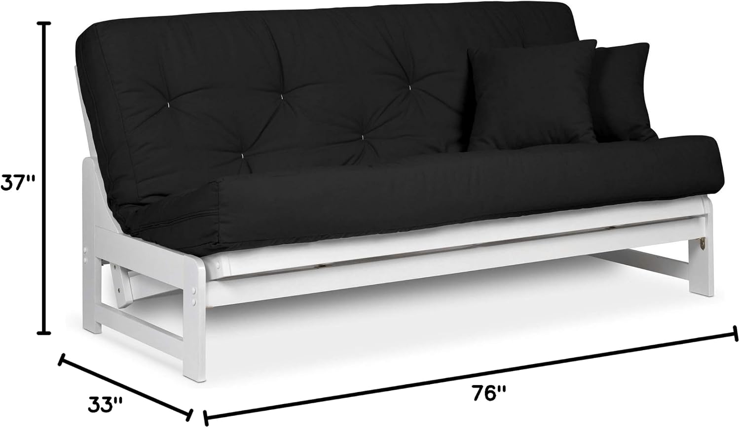 Nirvana Futons Arden White Futon Set Full or Queen Size - Armless Wood Futon Frame with Mattress Included (Twill Black), Space Saving Modern Sofa Bed Sleeper