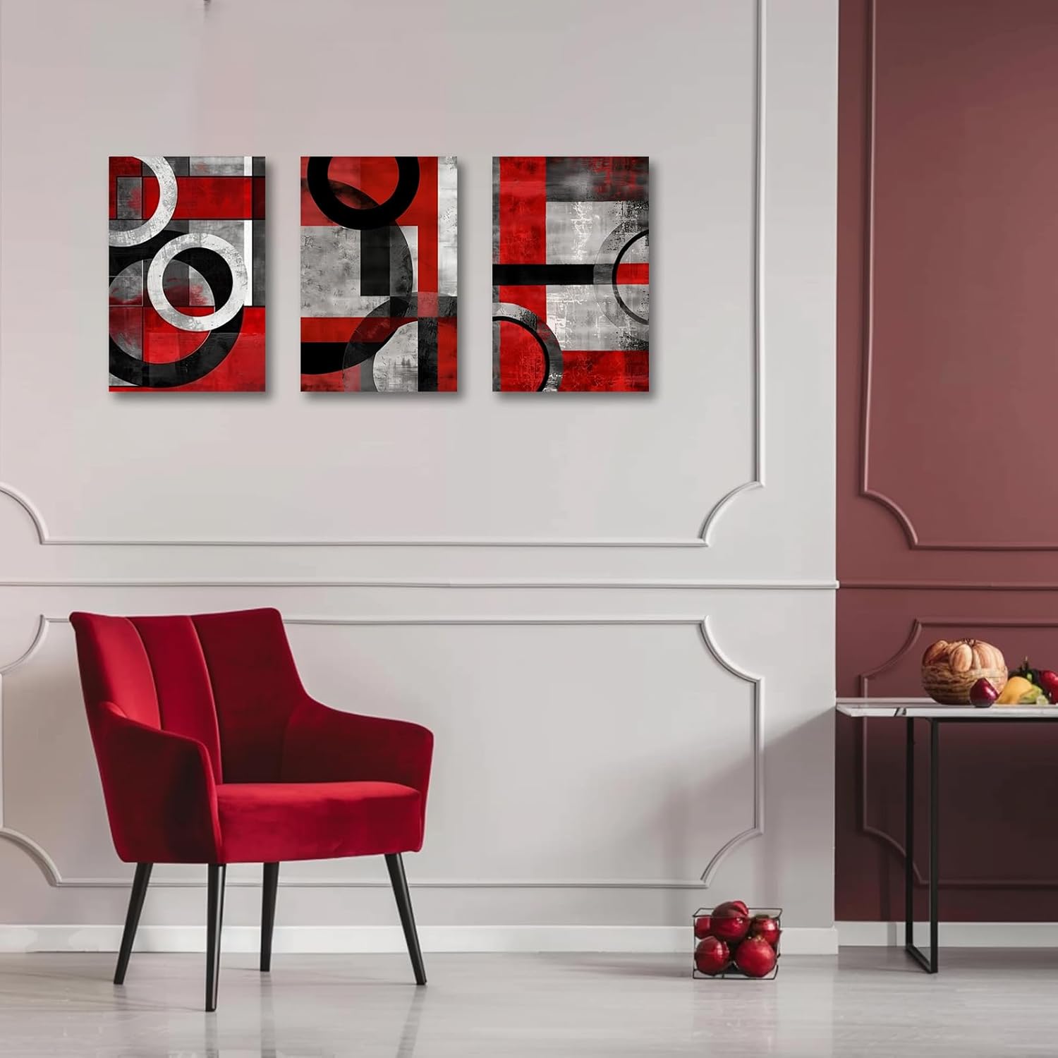 SWQYLB Black and Red Wall Art 3 Piece Abstract Line Black Gray Red Canvas Prints Minimalist Painting Modern Geometric Artwork for Office Decor Frame (24.00' x 36.00' x 3PCS)
