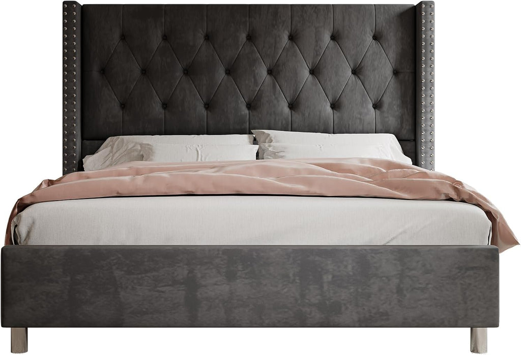 Jocisland Queen Bed Frame Upholstered Bed Wingback Headboard Velvet Tufted Diamond Button/No Box Spring Needed/Easy Assembly/Gray