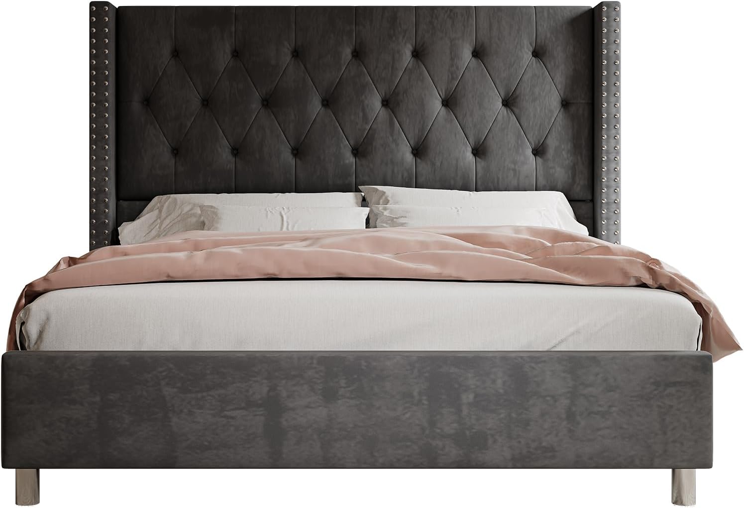 Jocisland Queen Bed Frame Upholstered Bed Wingback Headboard Velvet Tufted Diamond Button/No Box Spring Needed/Easy Assembly/Gray