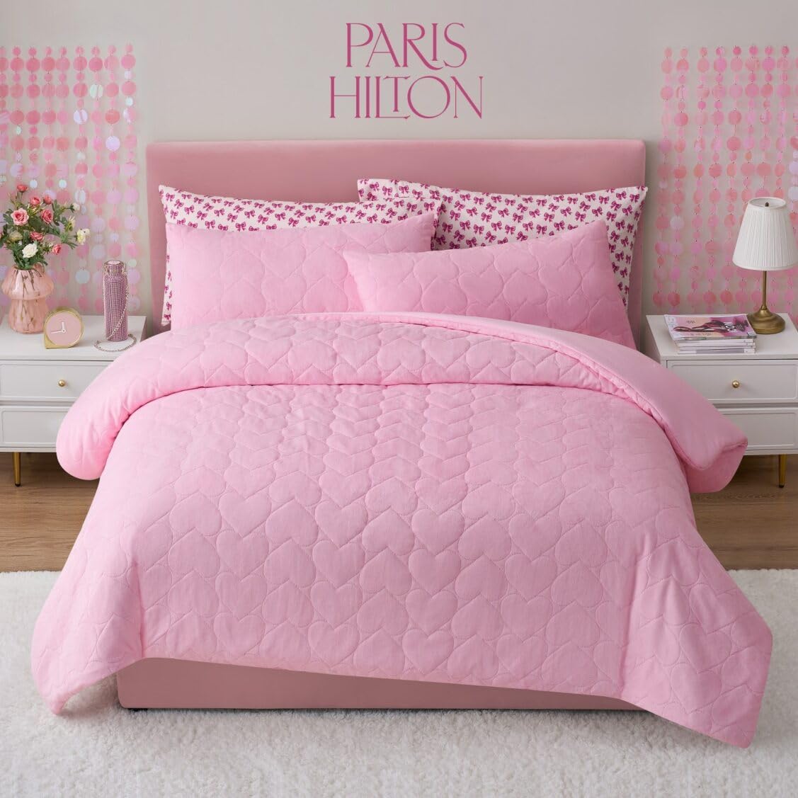 Paris Hilton 3 Piece King Size Comforter Set with 2 Pillow Shams- Soft Warm Chic & Lightweight Quilted Bed Spread, Housewarming & Birthday Gifts for Women & Teen Girls, Pink Hearts (Miranda)