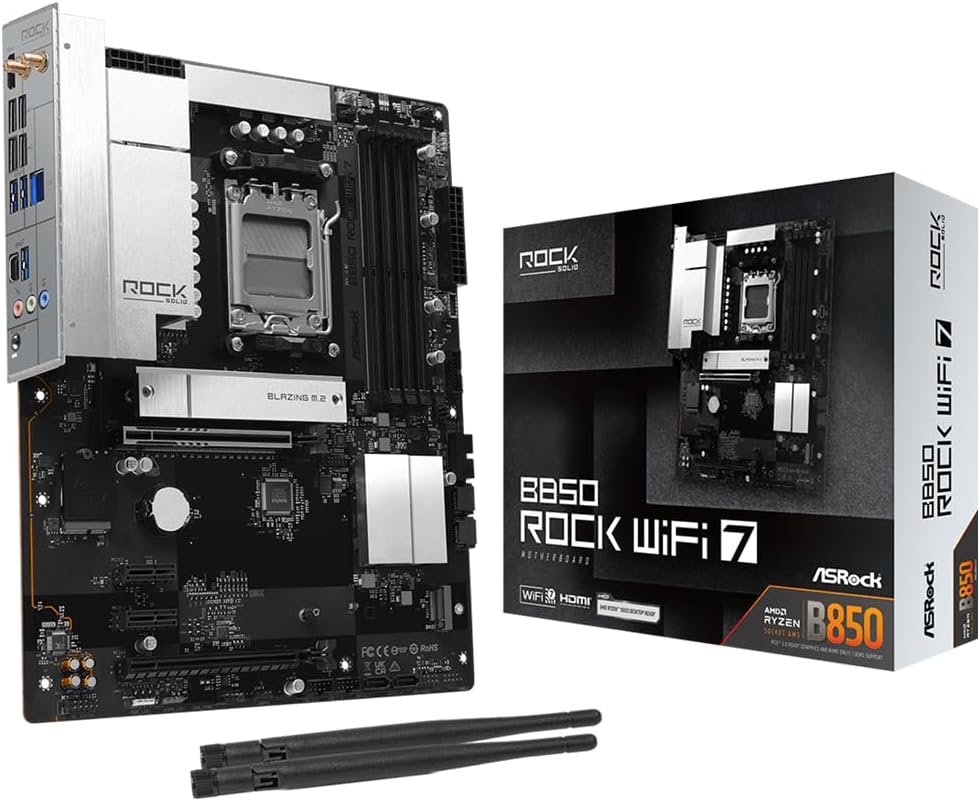 ASRock B850 Rock WiFi 7 Socket AM5 ATX Motherboard, Supports AMD Ryzen 9000/8000/7000 Series, DDR5 8000+(OC), PCIe 5.0, WiFi 7, 2.5G LAN
