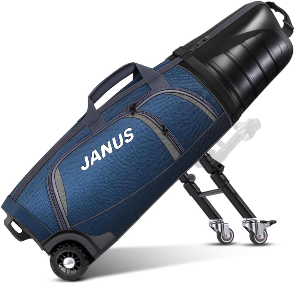 JANUS Golf Travel Bag Hard Case with Foldable Support Legs, Hands-Free Golf Club Travel Bag with 360° Spinner Wheels, ABS Hard Shell, Foldable Design for Airline Travel