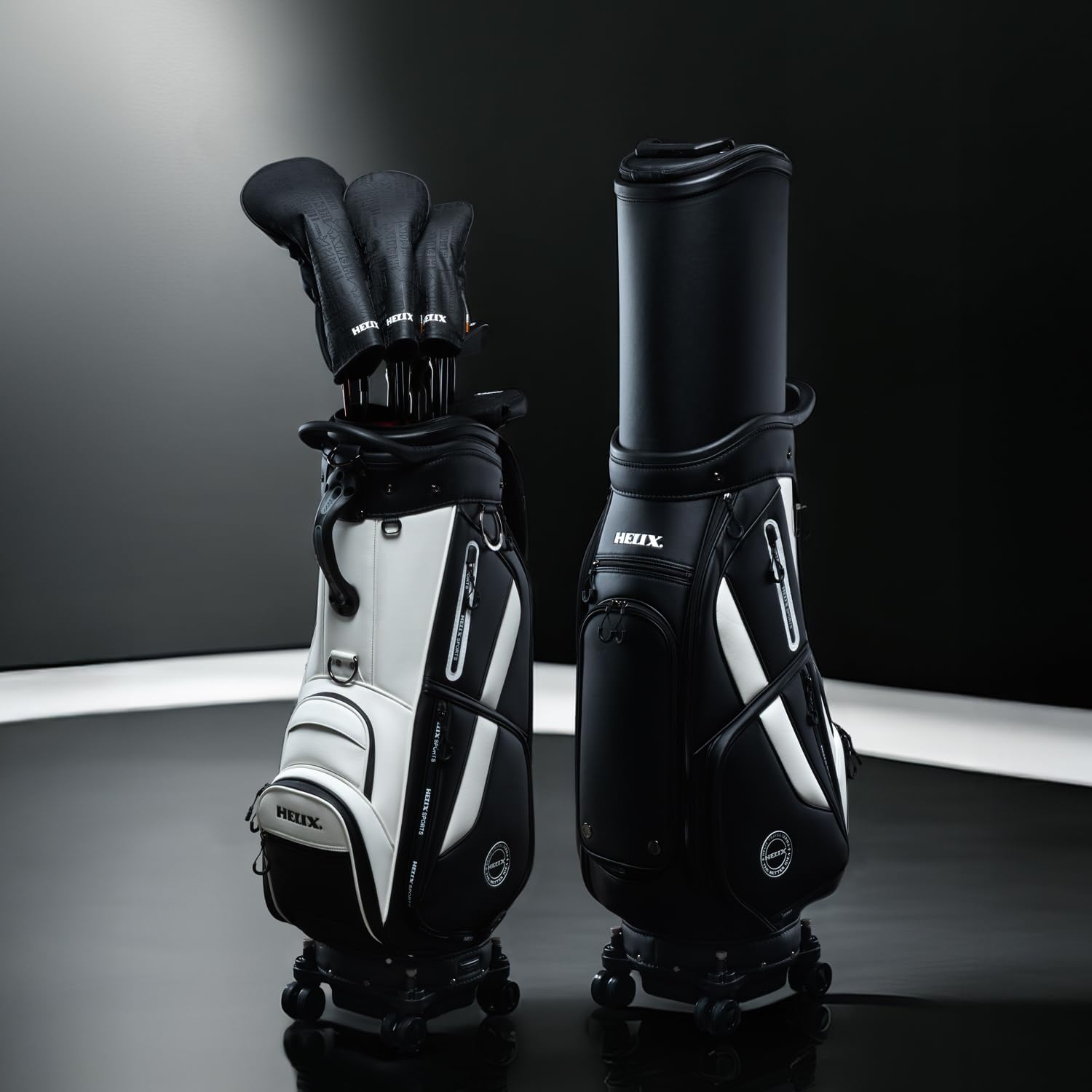 HELIX-Golf Golf Cart Bag, Easy to Carry, Retractable Golf Club Cart Bag with Locking Wheels Chassis and Latest Integrated Handgrip.