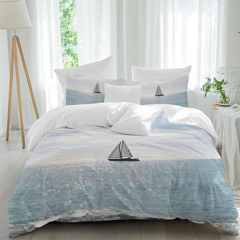Nature Seascape Duvet Cover Set Queen Size 4 Pieces Sailboats Blue Waves Cloud Sky Ocean Surface Bedding Set with Zipper Closure, 1 Comforter Cover 86x86 Inches 1 Flat Sheet & 2 Pillow Cases