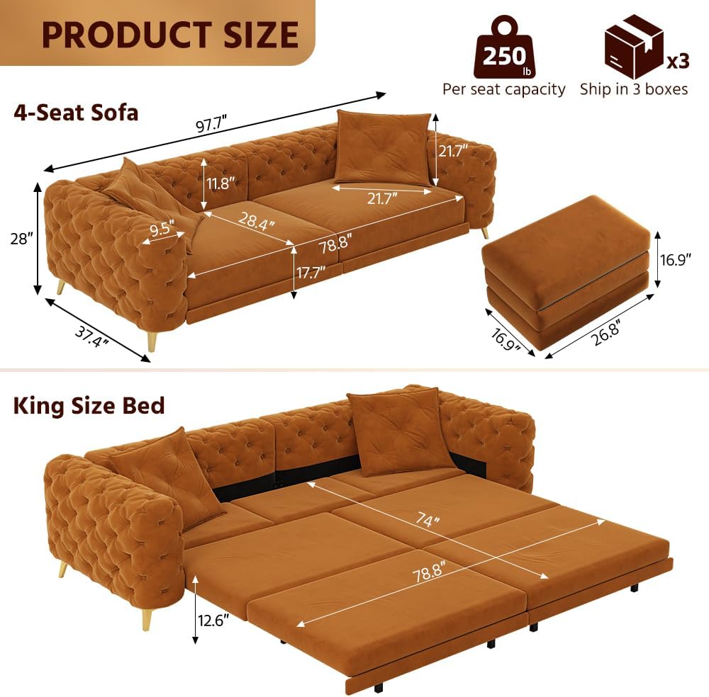 WILLIAMSPACE 97.7' 3-in-1 Convertible Sleeper Sofa Bed, Modern Button Tufted 28.4' Deep Seat Pull Out Couch Bed with Movable Ottoman, Multi-Functional 4-Seater Couch for Living Room, Velvet - Orange