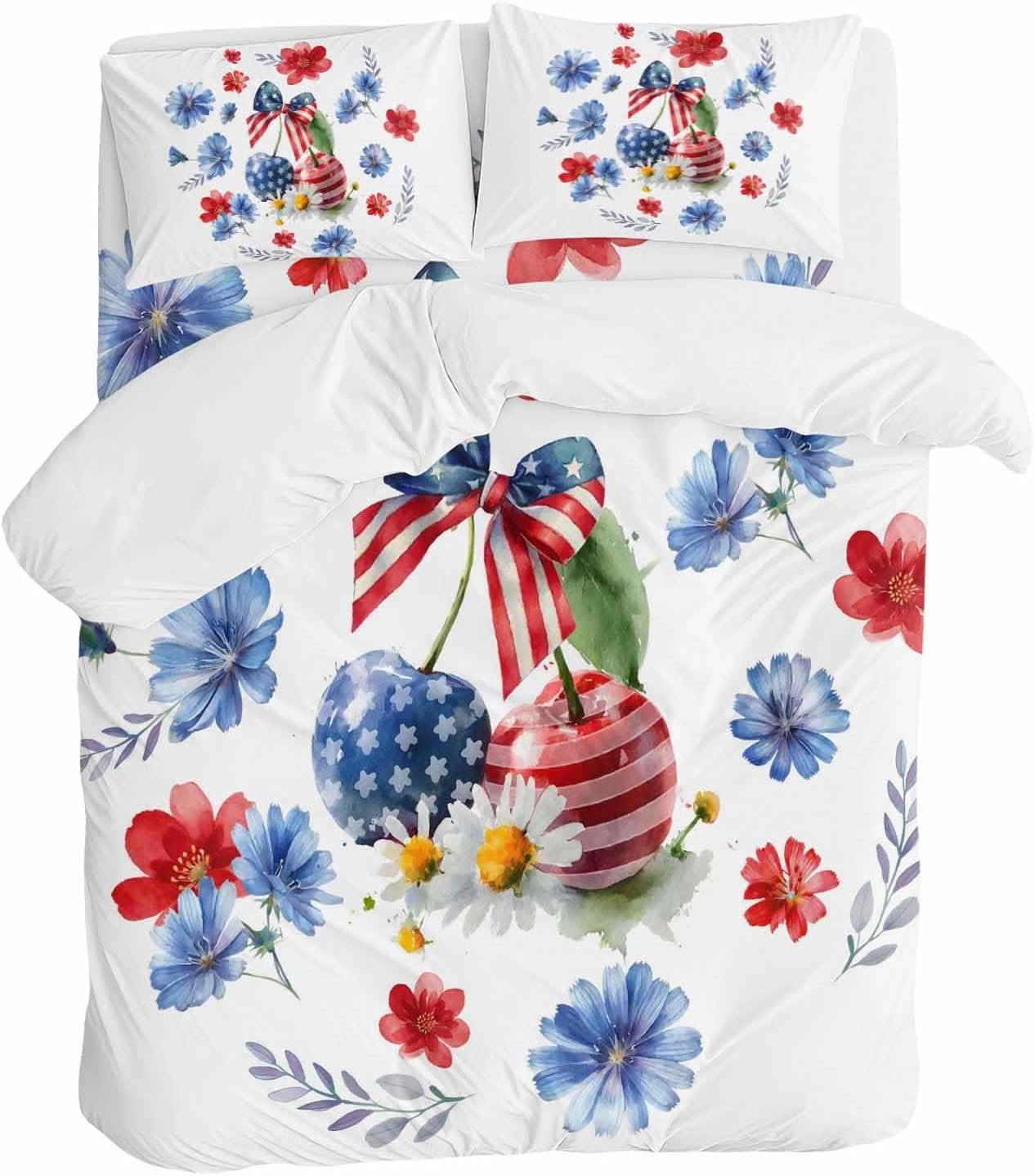 Independence Day Cherry Duvet Cover Set Queen Size 4 Pieces Patriotic Red Blue Star Flower Bow Leaf Bedding Set with Zipper Closure, 1 Comforter Cover 90x92 Inches 1 Flat Sheet & 2 Pillow Cases