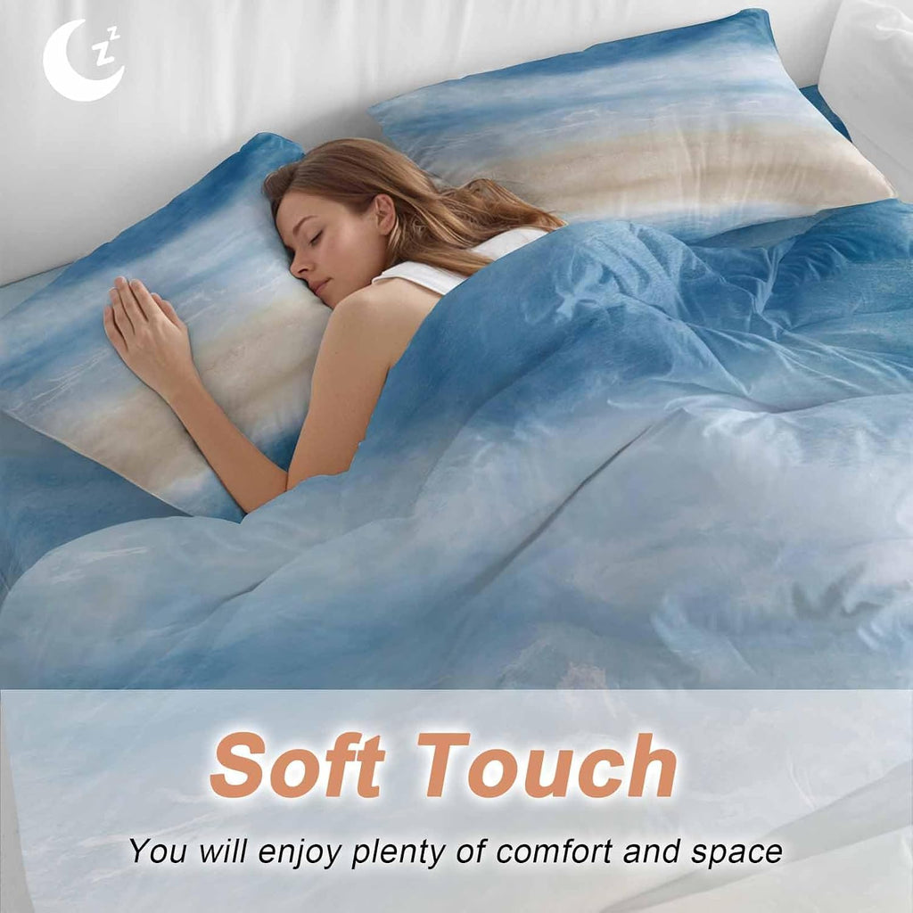 Summer Beach Duvet Cover Set Queen Size 4 Pieces Dark Blue Gradient Ocean Wave Beige Sand Abstract Bedding Set with Zipper Closure, 1 Comforter Cover 86x86 Inches 1 Flat Sheet & 2 Pillow Cases