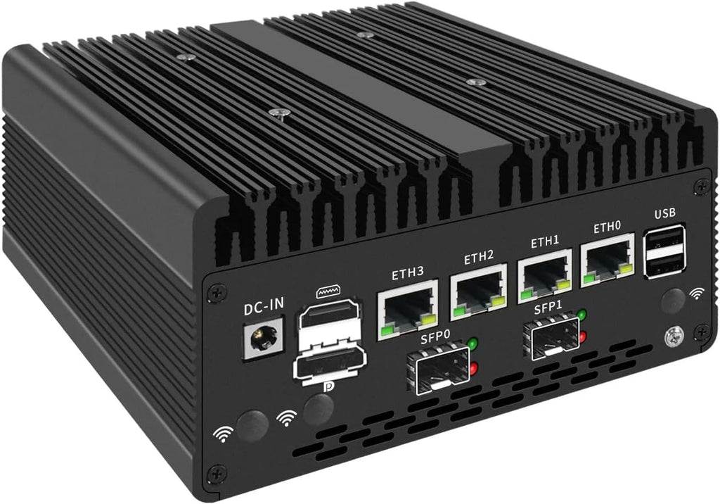 Fanless Mini PC 8505 with DDR5 M.2 Nvme 4*i226 2.5G LAN,USB,HDMI,DP,Type-c,Intel 82599ES 2 * 10G SFP+,WiFi,Micro Router Appliance, AES-NI, OPNsense,NO RAM NO SSD