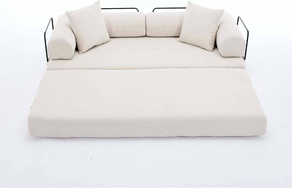 WILLIAMSPACE 78.5' Modern Loveseat Sofa Fold-Out Sofa Bed, Convertible Chair Floor Couch with Removable Backrest, Comfy King Size Sofa Bed for Living Room, Bedroom, Corduroy Fabric (Beige)