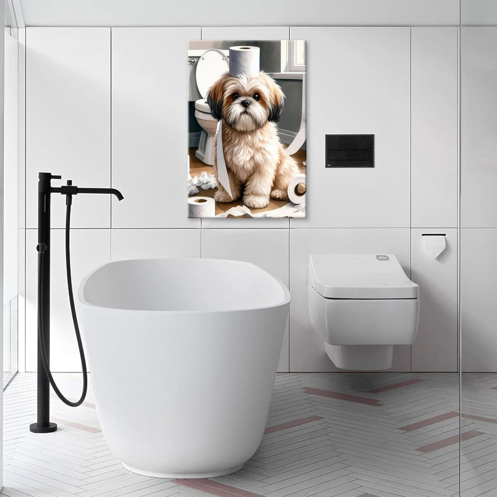 Funny Shih Tzu Toilet Paper Whimsy Cute Animal Bathroom Canvas Wall Art Humor Dog Print Painting for Modern Home Decor Kid Bathrooms Toilet Decoration 20x30in Framed
