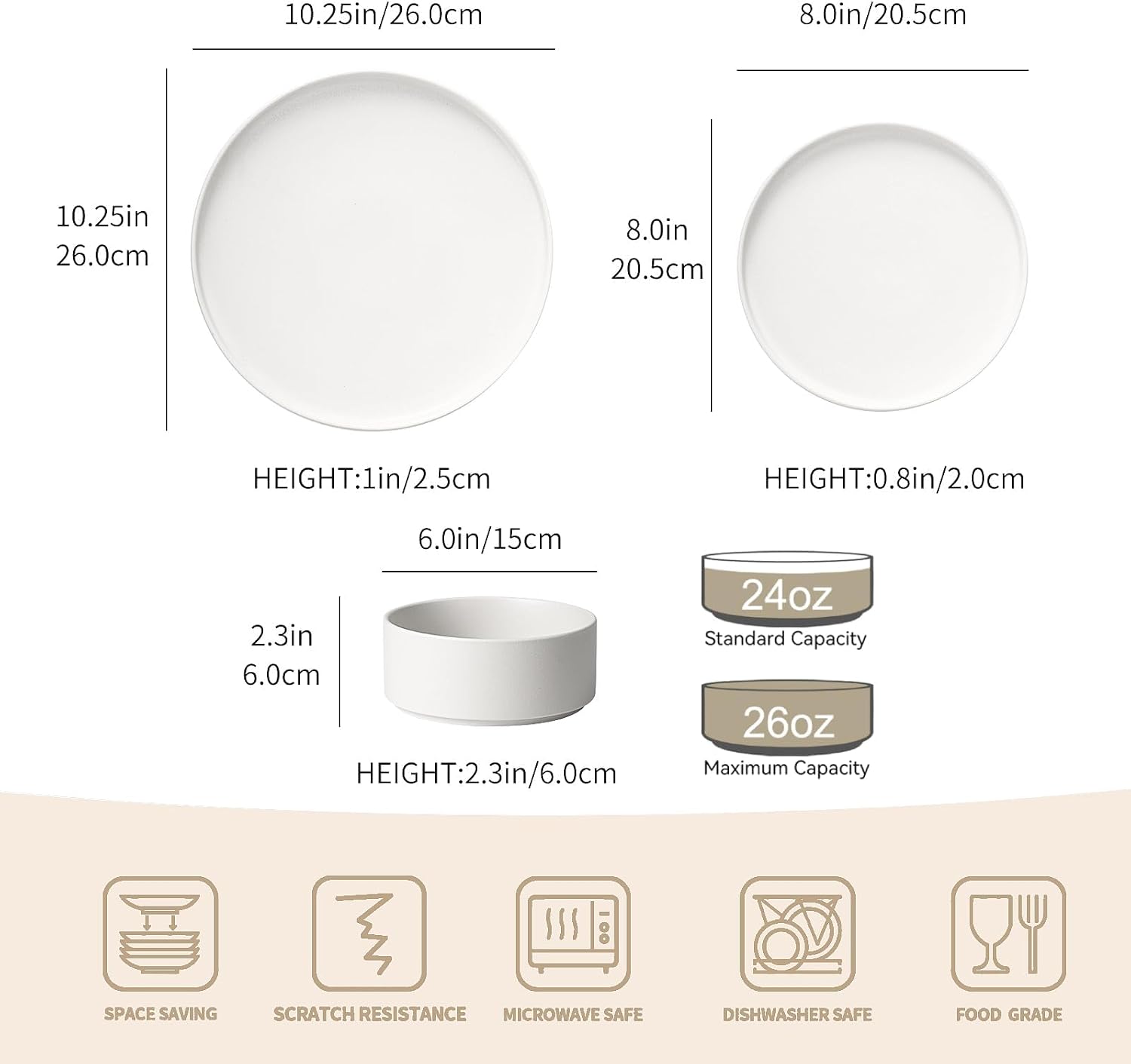 GZG Classic Series - Plates and Bowls Set for 6, 18 Piece Stoneware Dinnerware Sets, Microwave and Dishwasher Safe Lead-Free Handcrafted Ceramic Dishes Set - Ivory White