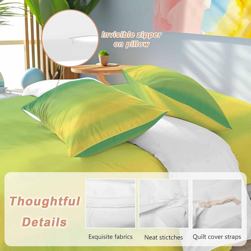 Green and Yellow Ombre Duvet Cover Set Queen Size 4 Pieces Minimalist Gradient Striped Texture Bedding Set with Zipper Closure, 1 Comforter Cover 92x106 Inches 1 Flat Sheet & 2 Pillow Cases