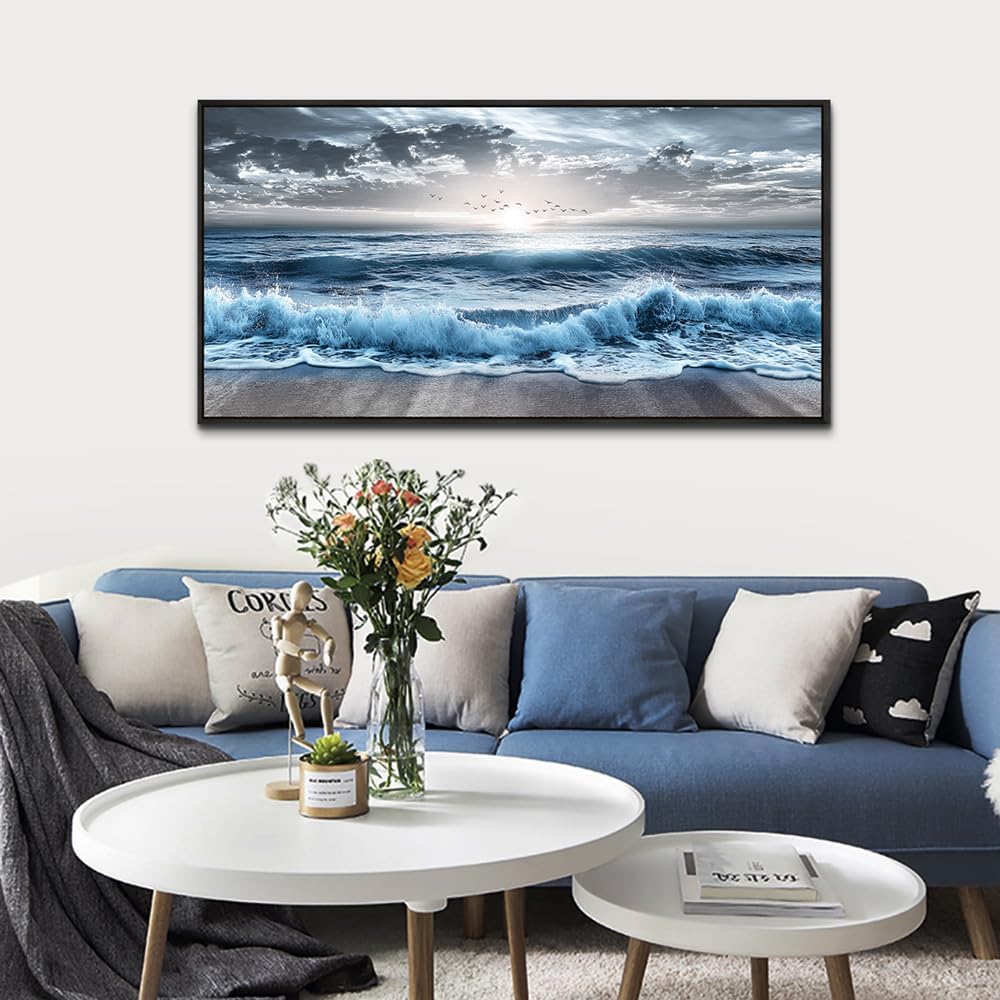 ERQINHUA Large Canvas Wall Decor For Bedroom Wall Art For Living Room Office Decor Blue Beach Sea Wave Paintings Sunrise Ocean Seascape Wall Pictures Artwork Modern Home Decor Black Frame 24x48 In