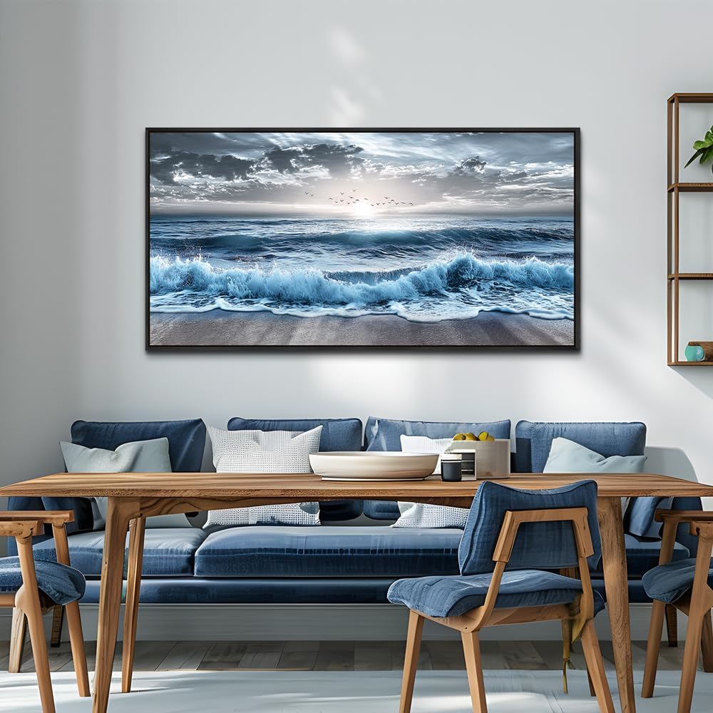 ERQINHUA Large Canvas Wall Decor For Bedroom Wall Art For Living Room Office Decor Blue Beach Sea Wave Paintings Sunrise Ocean Seascape Wall Pictures Artwork Modern Home Decor Black Frame 24x48 In