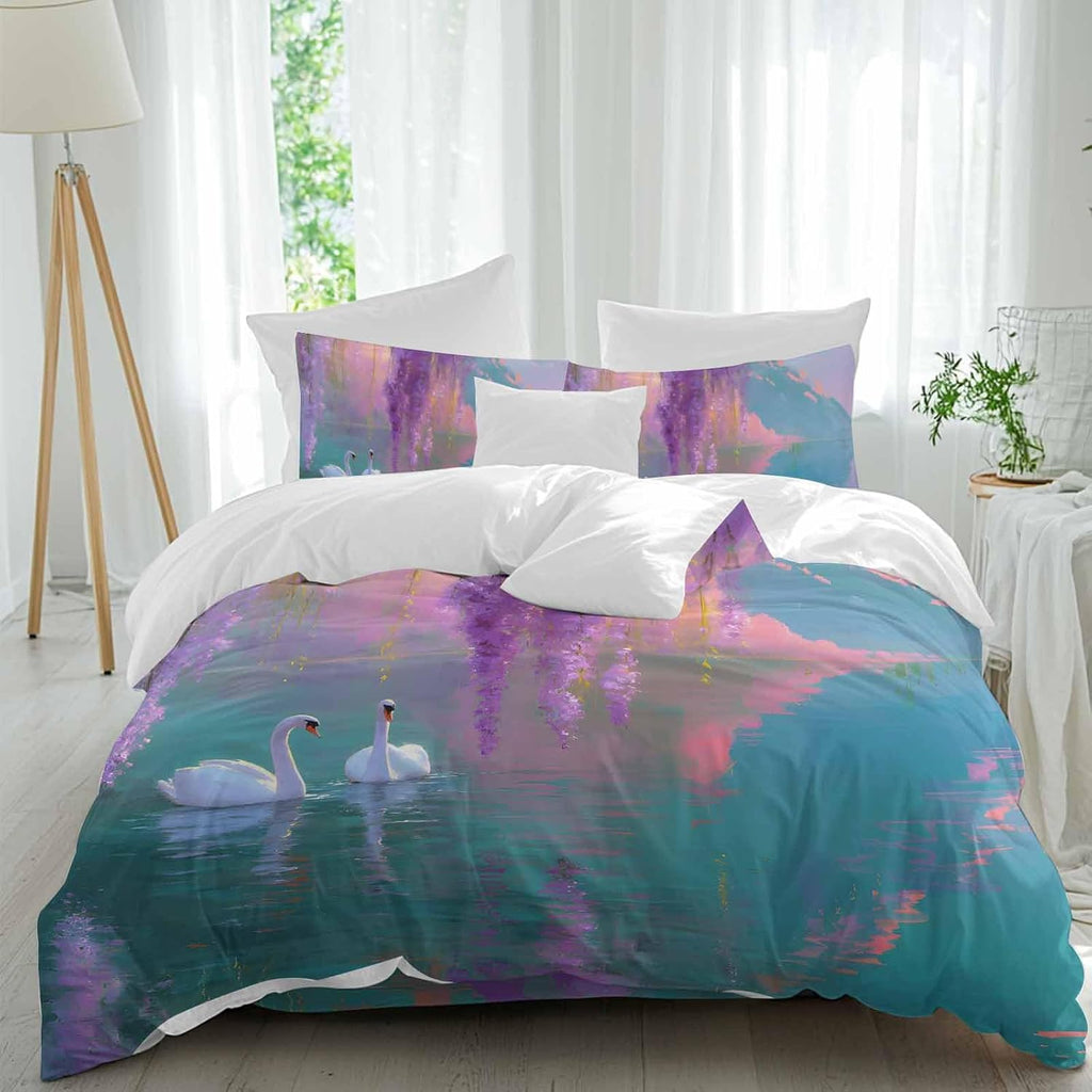 Swan Duvet Cover Set Queen Size 4 Pieces Oil Painting Spring Wisteria Gradient Pink Green Lake Bedding Set with Zipper Closure, 1 Comforter Cover 90x92 Inches 1 Flat Sheet & 2 Pillow Cases