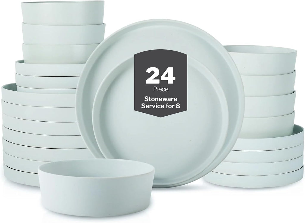 Stone by Mercer Project MODAN 24-Piece Stoneware Dinnerware Set, Plates and Bowls Sets, Dish Set for 8, Blue-Grey