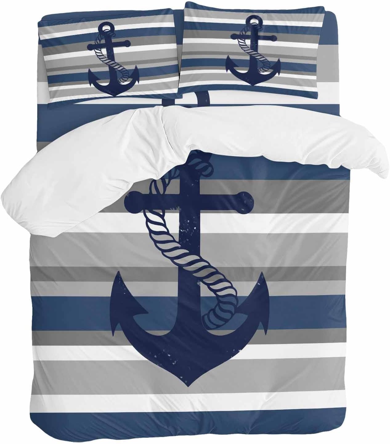Nautical Anchor Duvet Cover Set Queen Size 4 Pieces Navy Blue Grey Stripe Modern Simplistic Striped Bedding Set with Zipper Closure, 1 Comforter Cover 90x92 Inches 1 Flat Sheet & 2 Pillow Cases