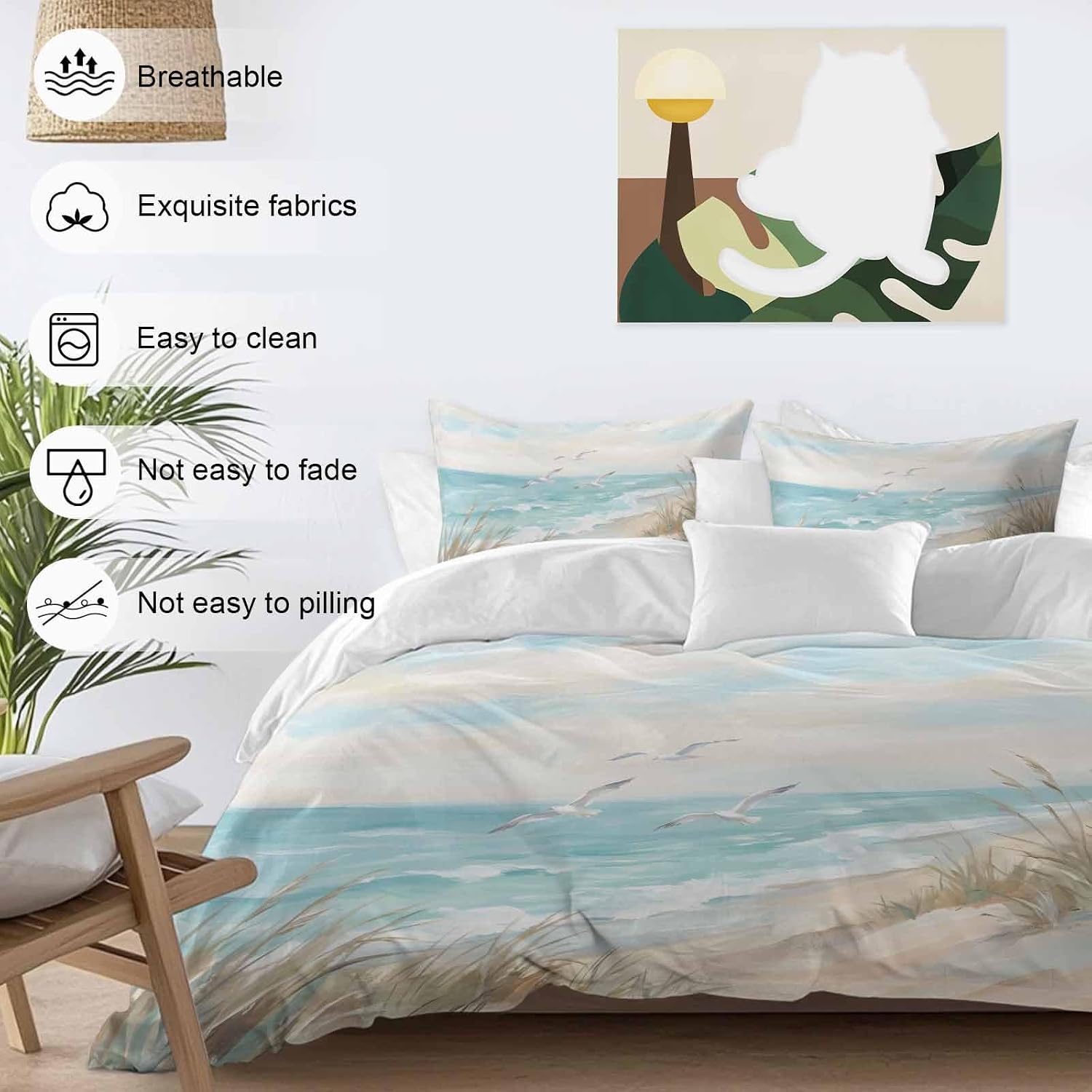 Coastal Seagulls Duvet Cover Set Queen Size 4 Pieces Beach Ocean Sky Oil Paintings Style Summer Bedding Set with Zipper Closure, 1 Comforter Cover 92x106 Inches 1 Flat Sheet & 2 Pillow Cases