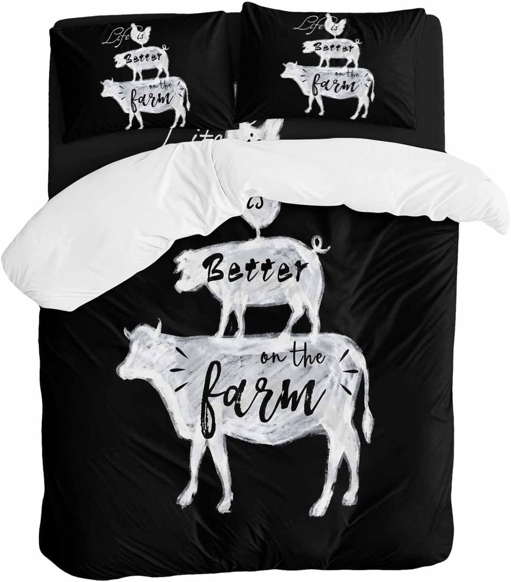 Prime Leader Retro Farm Duvet Cover Set Queen Size 4 Pieces Chicken Pig Cow Farmhouse Animal Black White Bedding Set with Zipper Closure, 1 Comforter Cover 90x92 Inches 1 Flat Sheet & 2 Pillow Cases
