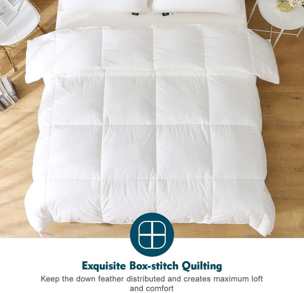Feathers Down Comforter Oversized King - 100% Organic Cotton Quilted Medium Warm All Seasons Duvet Insert or Stand-Alone Comforter (120x98, Ivory White)