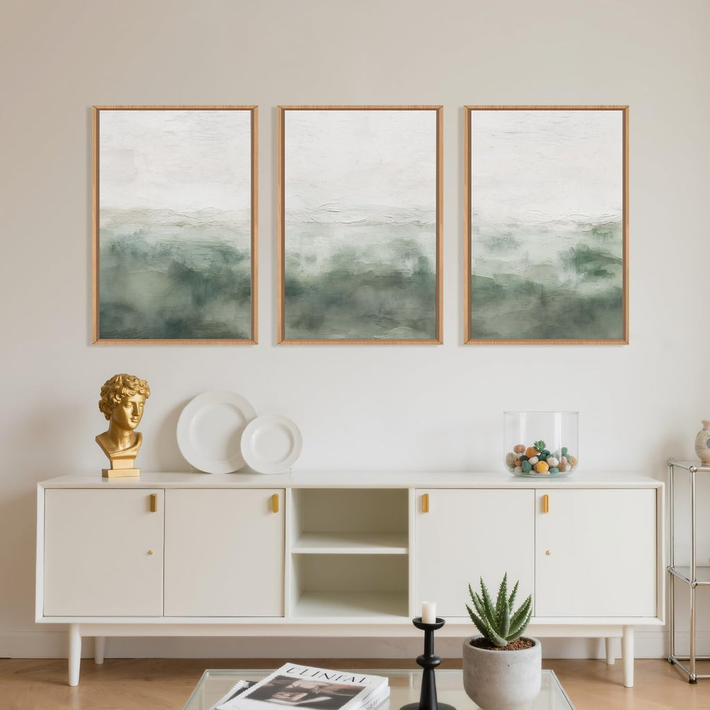 BICERE Large Abstract Grey Green Framed Canvas Wall Art,Watercolor Neutral White Wall Decor,Modern Pastel Wall Painting,Illustrations Artwork for Living Room,Bedroom,Dining Room,Office- 24'x36'x3