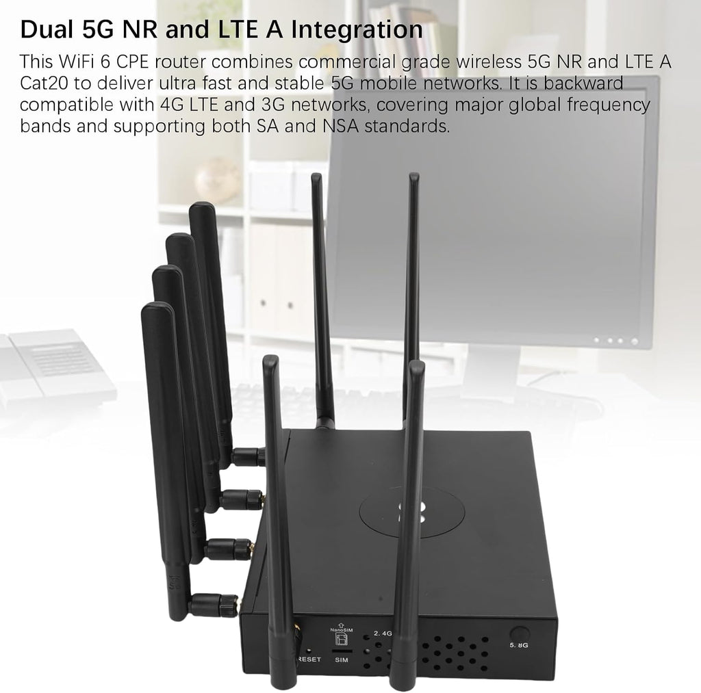PUSOKEI Dual Band WiFi 6 CPE Router, 5G NR NSA SA CPE Router with Nano SIM Card Slot & WAN/LAN Port, MU MIMO & OFDMA, 4.67Gbps, 5G Cellular with 8 5dBi Antennas (Black)