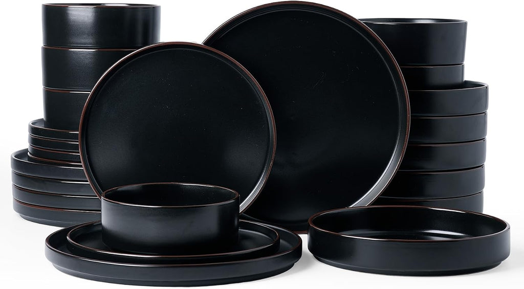Famiware Nebula Ridge Stoneware Dinnerware Sets with Pasta Bowls, Plates and Bowls Sets, Service for 6 (24 Pieces), Microwave and Dishwasher Safe Kitchen Plates, Matte Black