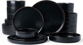 Famiware Nebula Ridge Stoneware Dinnerware Sets with Pasta Bowls, Plates and Bowls Sets, Service for 6 (24 Pieces), Microwave and Dishwasher Safe Kitchen Plates, Matte Black