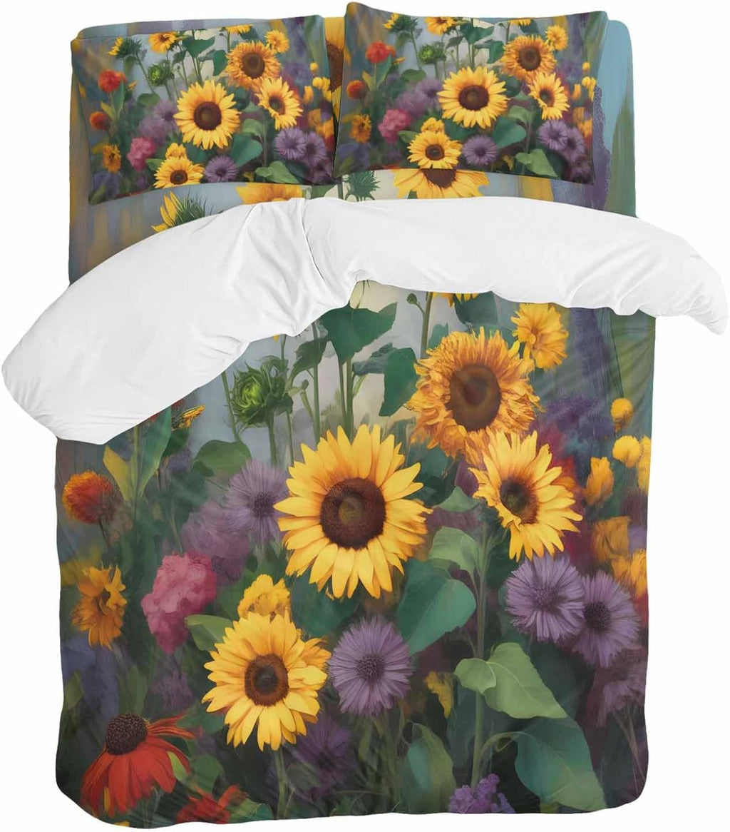 Spring Florals Duvet Cover Set Queen Size 4 Pieces Watercolor Sunflowers Country Green Leaves Bedding Set with Zipper Closure, 1 Comforter Cover 90x92 Inches 1 Flat Sheet & 2 Pillow Cases