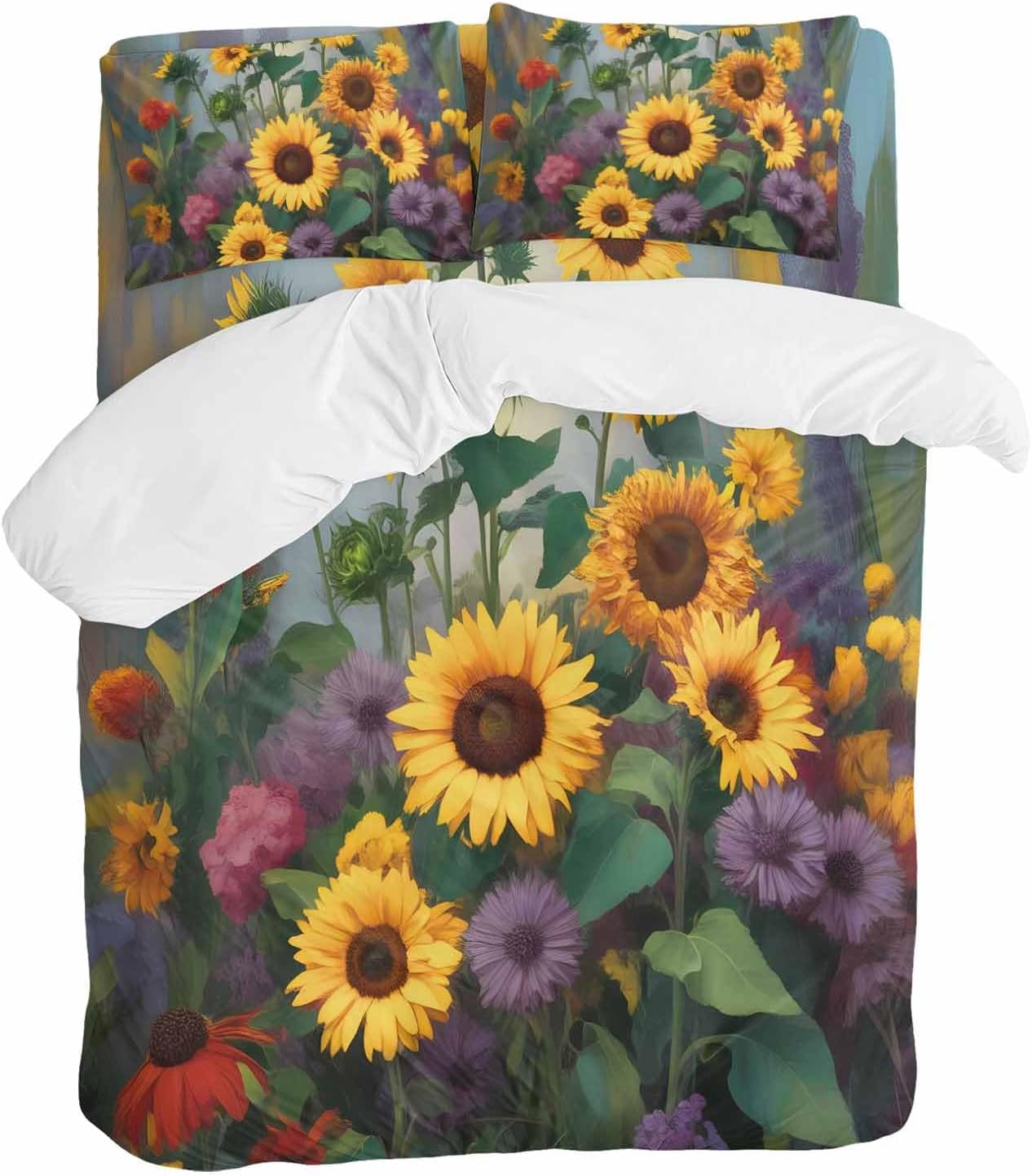 Spring Florals Duvet Cover Set Queen Size 4 Pieces Watercolor Sunflowers Country Green Leaves Bedding Set with Zipper Closure, 1 Comforter Cover 90x92 Inches 1 Flat Sheet & 2 Pillow Cases