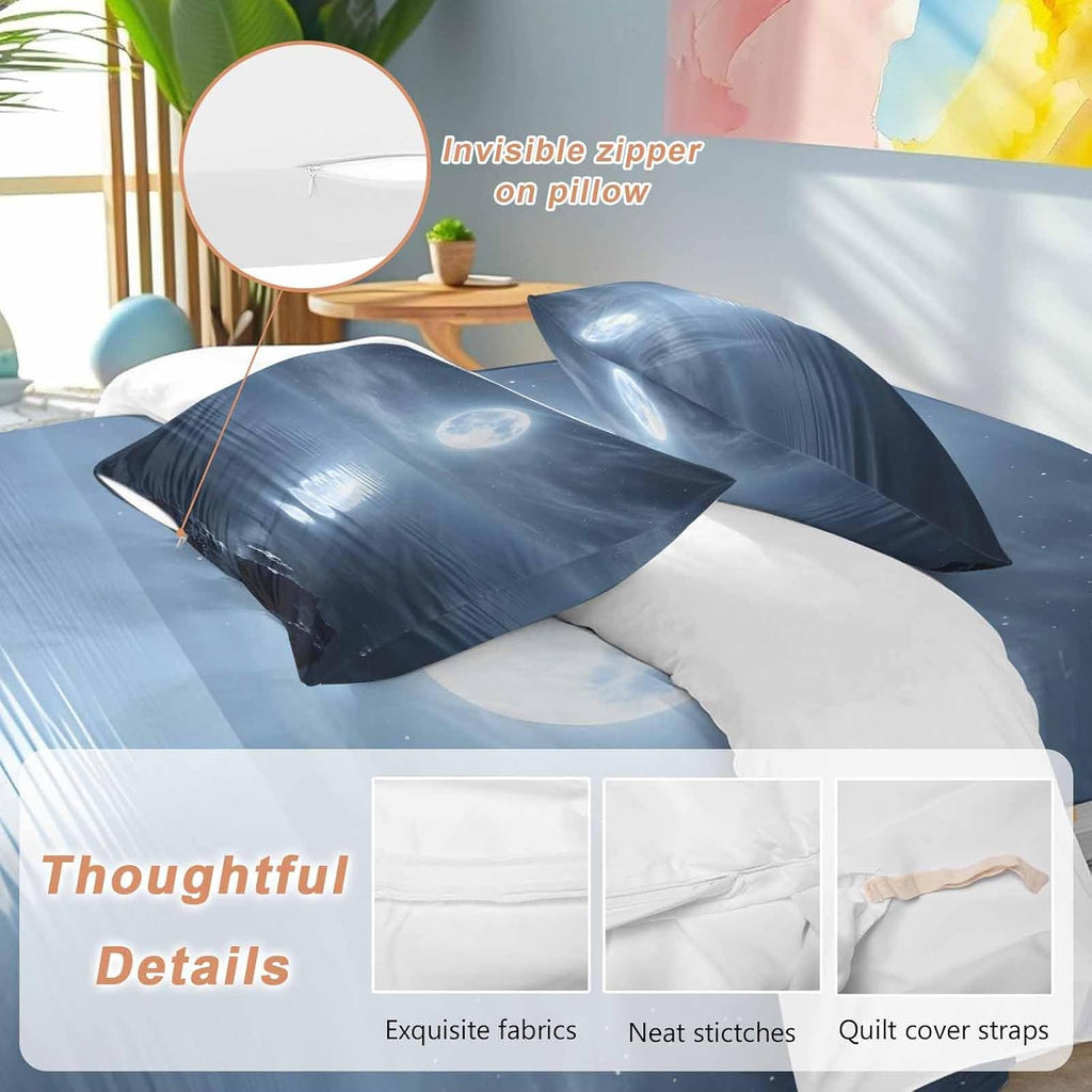 Prime Leader Night Ocean Duvet Cover Set Queen Size 4 Pieces Natural Scenery Moonlight Sparkling Water Bedding Set with Zipper Closure, 1 Comforter Cover 92x106 Inches 1 Flat Sheet & 2 Pillow Cases