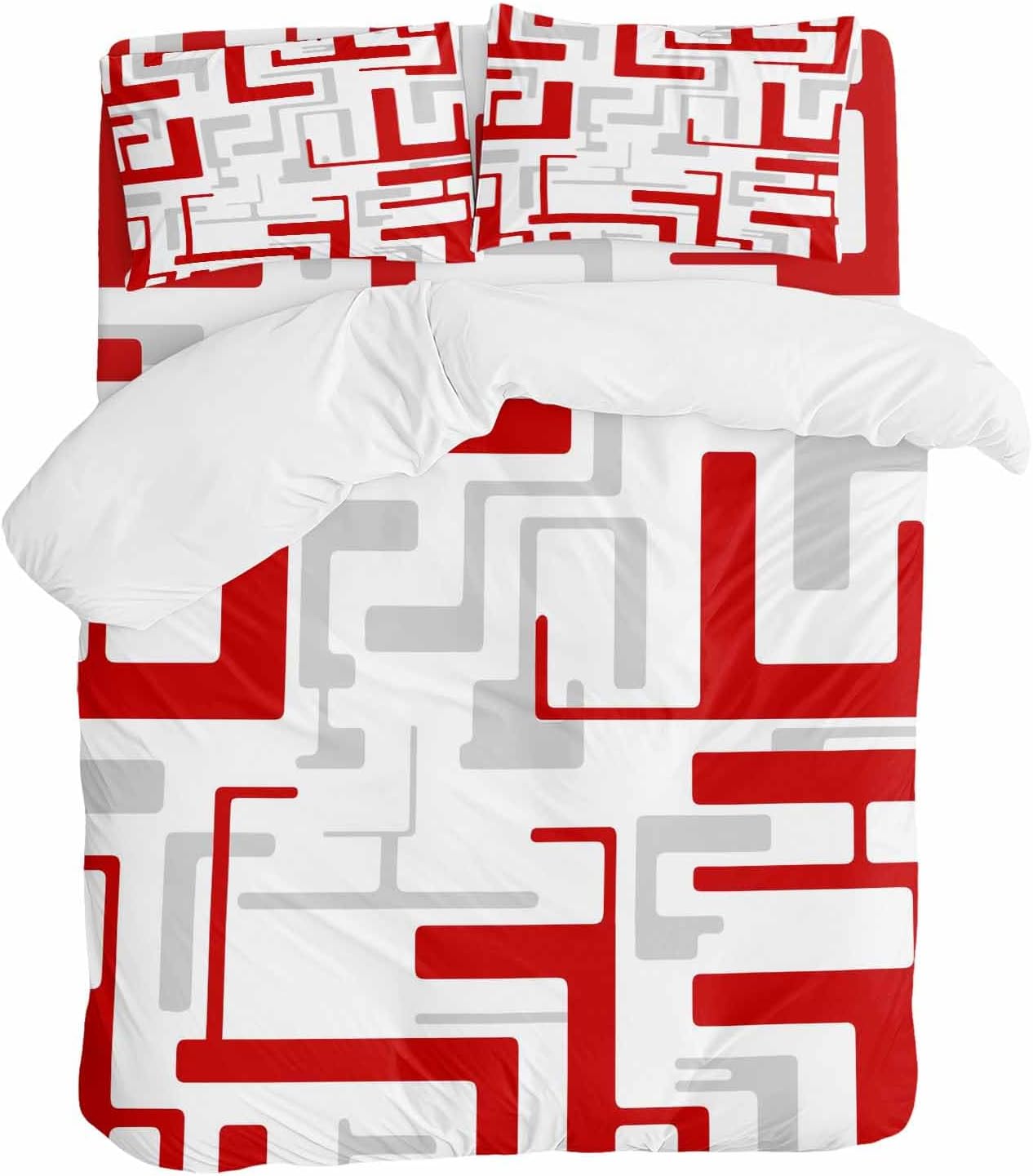 Prime Leader Red Gray Geometric Stripes Duvet Cover Set Queen Size 4 Pieces Modern Abstract Lines Maze Bedding Set with Zipper Closure, 1 Comforter Cover 90x92 Inches 1 Flat Sheet & 2 Pillow Cases