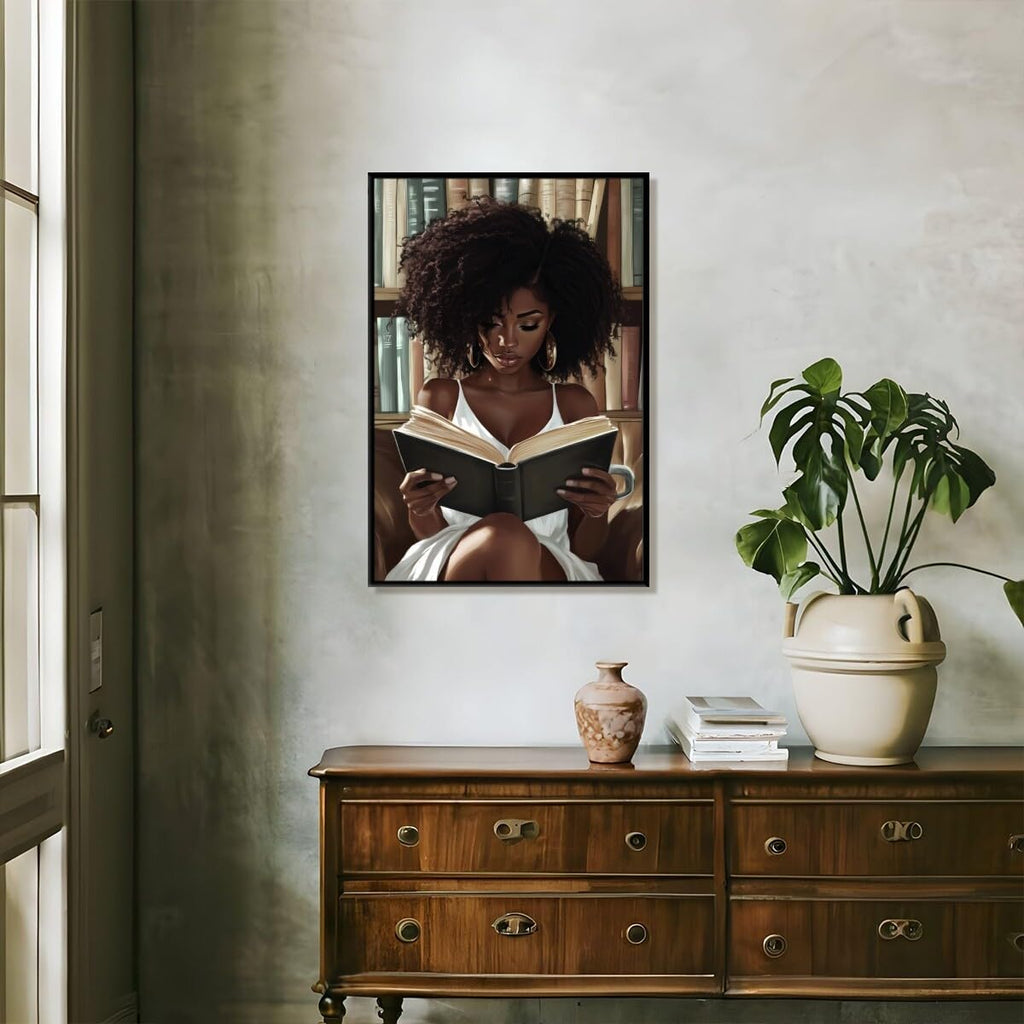 African Black Girl Reading Book Poster, Black Woman Canvas Wall Art Print, Traditional African Symbols Painting, Afrocentric Cultural Wall Decor for Living Room 24x36inch black framed