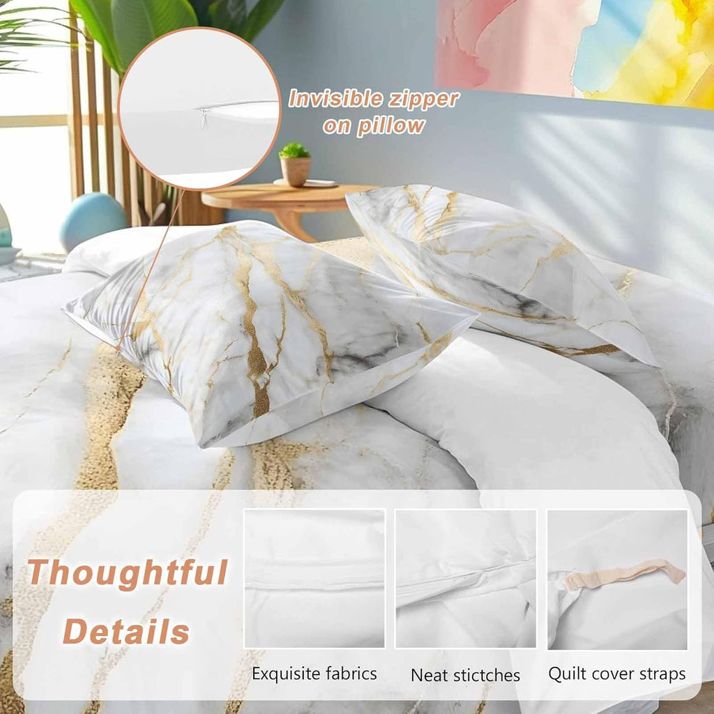 Prime Leader Gray Gold Marble Duvet Cover Set Queen Size 4 Pieces Modern Abstract Luxury Ink Texture Bedding Set with Zipper Closure, 1 Comforter Cover 86x86 Inches 1 Flat Sheet & 2 Pillow Cases