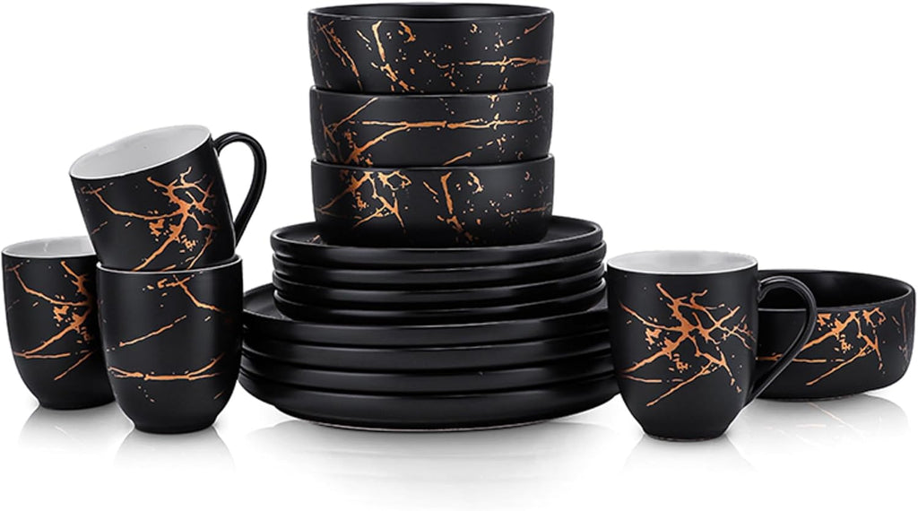 Stone Lain Porcelain 16-Piece Dinnerware Set – Black with Gold Splash, Service for 4 – Elegant Dinner Plates, Salad Plates, Bowls & Mugs – Modern Round Tableware, Dishwasher Safe