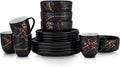 Stone Lain Porcelain 16-Piece Dinnerware Set – Black with Gold Splash, Service for 4 – Elegant Dinner Plates, Salad Plates, Bowls & Mugs – Modern Round Tableware, Dishwasher Safe