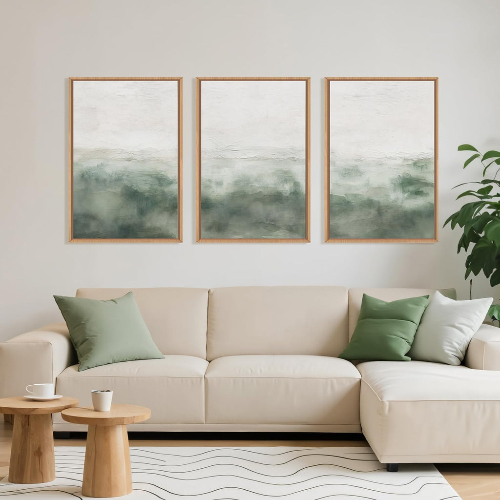 BICERE Large Abstract Grey Green Framed Canvas Wall Art,Watercolor Neutral White Wall Decor,Modern Pastel Wall Painting,Illustrations Artwork for Living Room,Bedroom,Dining Room,Office- 24'x36'x3