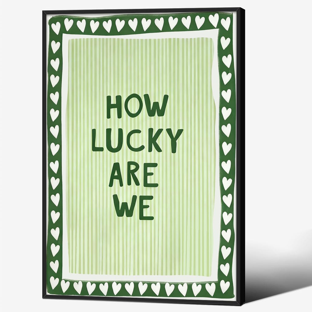 Retro How Lucky Are We Black Framed Wall Art Green Striped Positive Inspirational Quote Canvas Prints Trendy Preppy Aesthetic Posters 20x30in for Living Room Bedroom Dorm Home Decor