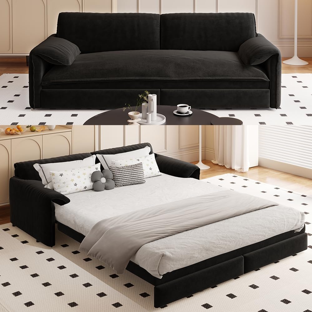 WILLIAMSPACE 66' Queen Pull Out Sofa Bed, 3-in-1 Velvet Convertible Sleeper Sofa Couch with Side Storage, Multi-Functional Loveseat Bed Pull Out Couch for Living Room, Apartment (Black)