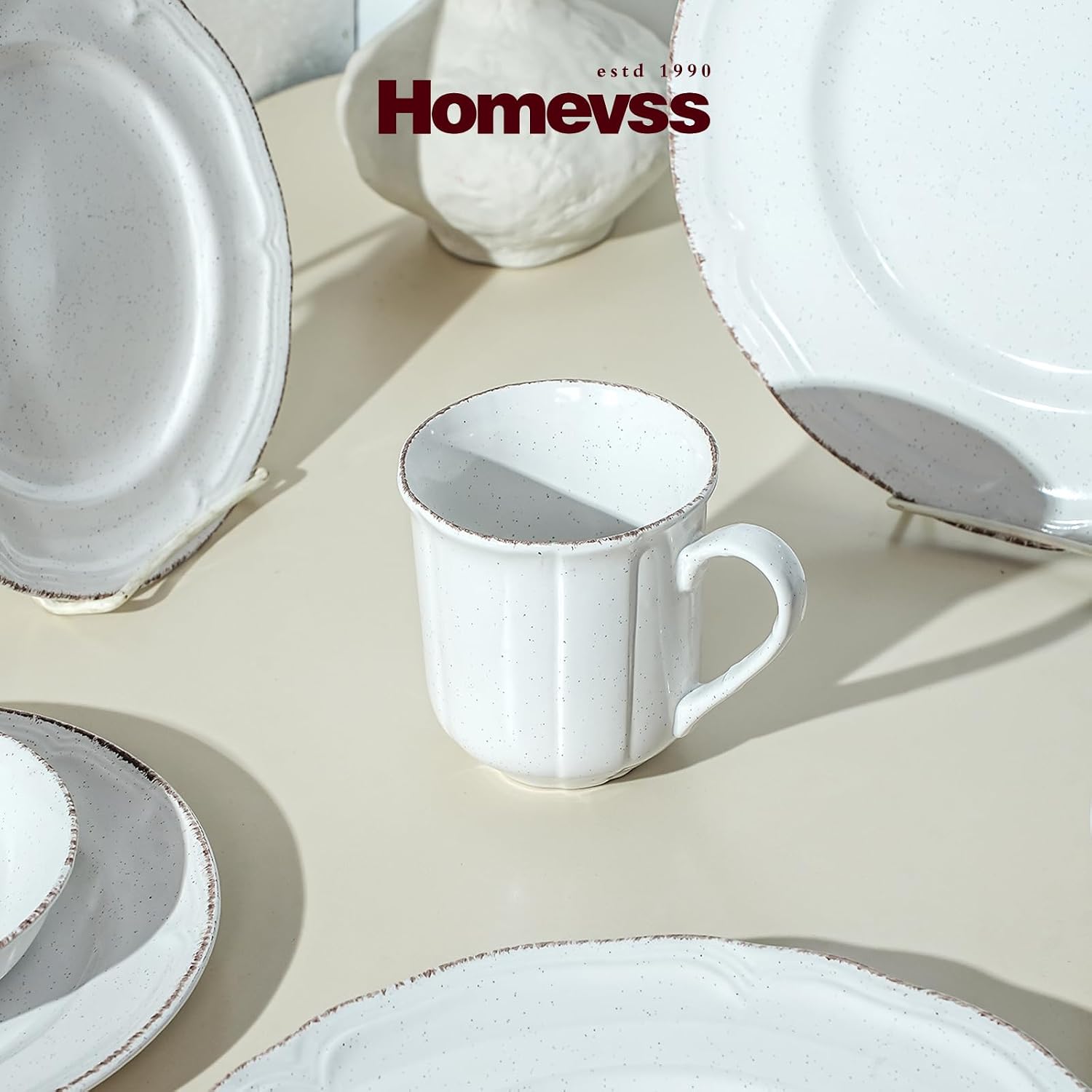 56pc Dinnerware Set, Plate and Bowl Set, Stoneware Dishes Set for 8, Microwave and Dishwahser Safe, Scratch Resistant, French Countryside Speckled Antique White