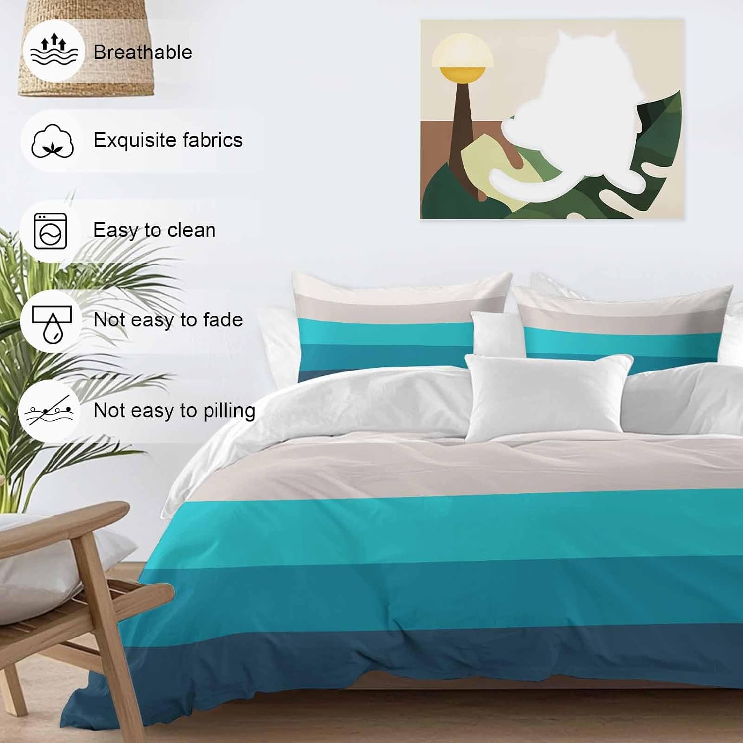 Prime Leader Geometric Stripes Duvet Cover Set Queen Size 4 Pieces Minimalist Turquoise Gradient Pattern Bedding Set with Zipper Closure, 1 Comforter Cover 90x92 Inches 1 Flat Sheet & 2 Pillow Cases